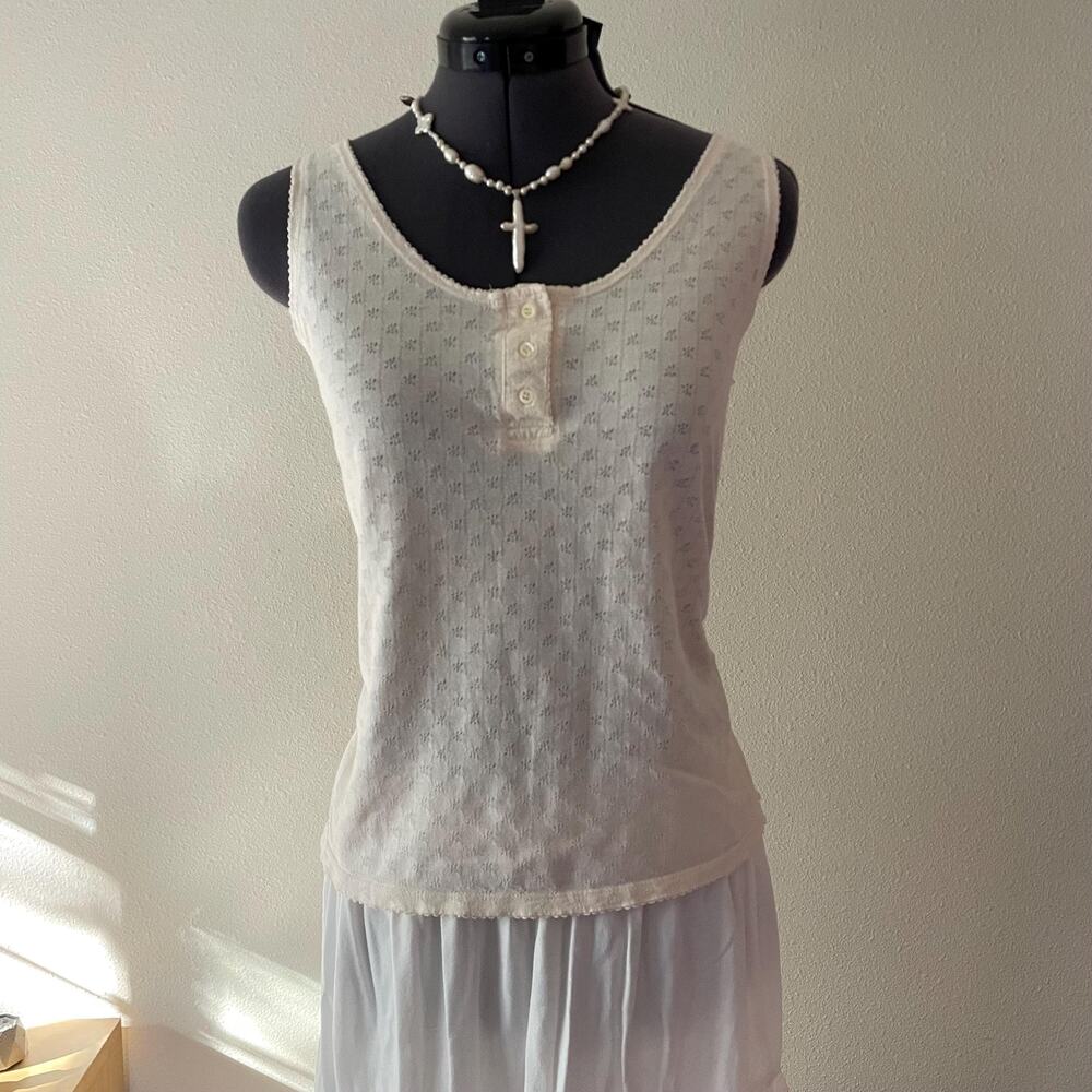 Vintage 80s 90s pointelle eyelet cream tank top dainty boho cottage fairy M